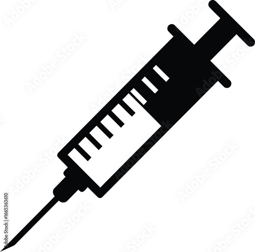A black silhouette of a medical syringe with needle Eps 10