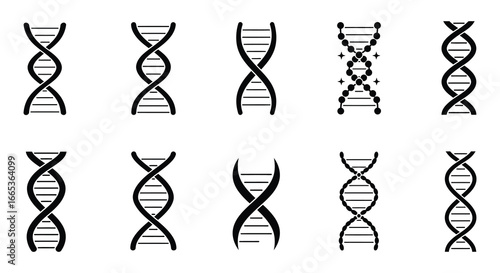 Collection of black and white DNA double helix illustrations on white background