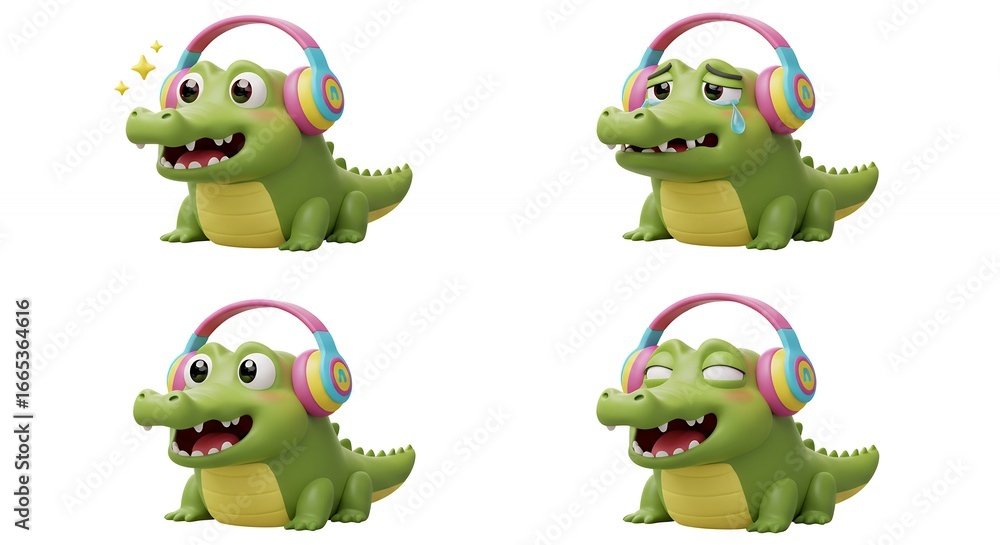 Fototapeta premium Cute cartoon crocodiles wearing headphones