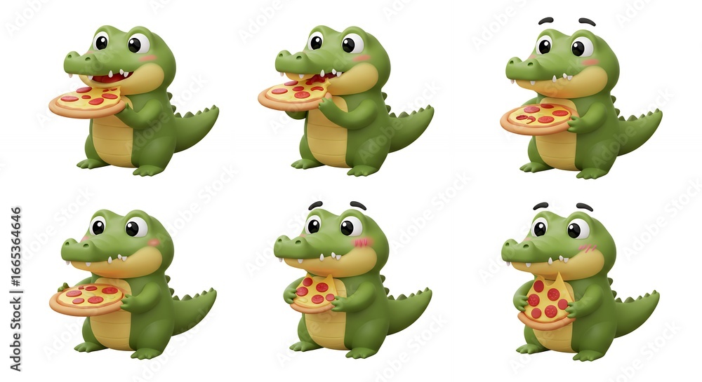Obraz premium Cute crocodiles eating pizza cartoon illustration