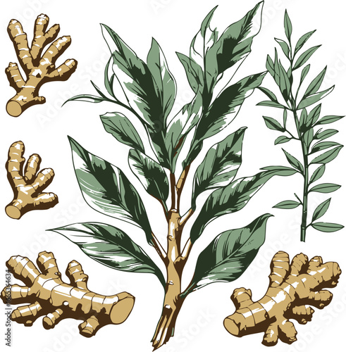 Ginger plant botanical vector set, hand drawn line art, bold and smooth strokes, roots and leaves used for culinary and medicinal purposes, minimalistic design