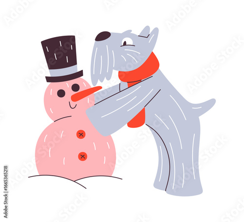Christmas dog making snowman outdoors