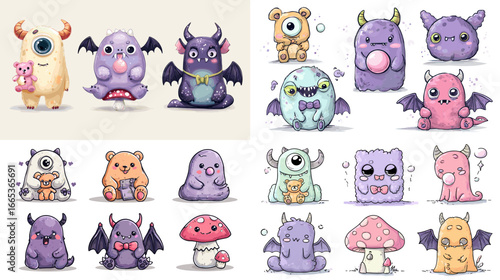 Funny cartoon monsters and fantasy creatures in playful colors. Perfect for kids’ products, stickers, games, and whimsical character design projects.