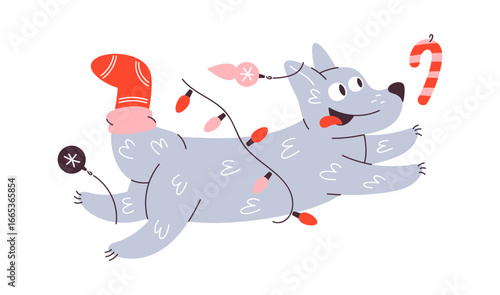 Christmas dog chasing candy cane