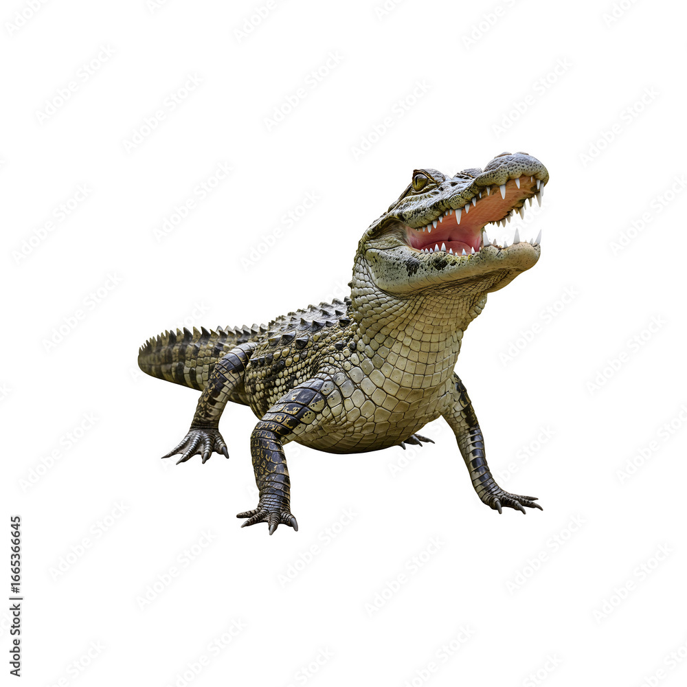 Fototapeta premium Baby crocodile with open mouth isolated on white bakground, wild reptile animal for nature, jungle, andwildlife themes