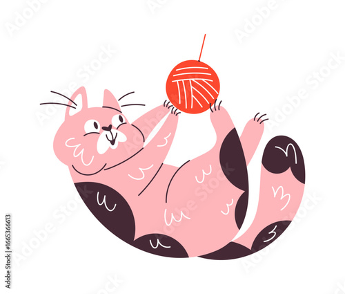 Comic cat playing thread ball
