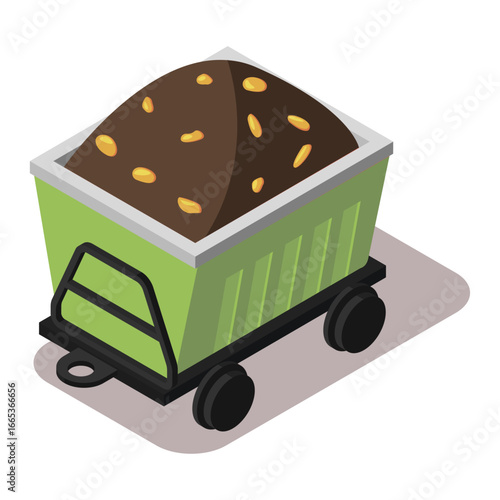 Isometric mine cart filled with gold ore and dirt for the mining industry concept