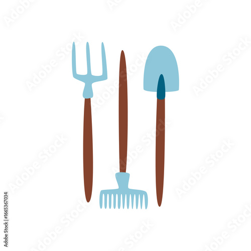 Cartoon Garden Tools Set with Fork, Trowel and Rake on White Background