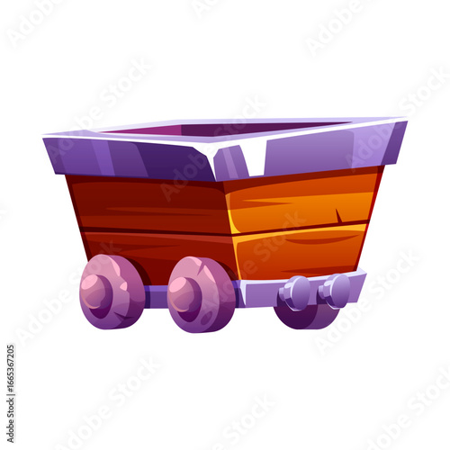 Empty wooden minecart with metal frame for ore transportation, cartoon icon