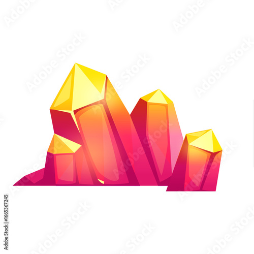 Shiny, glowing crystals with a gradient of yellow and pink colors on a white background