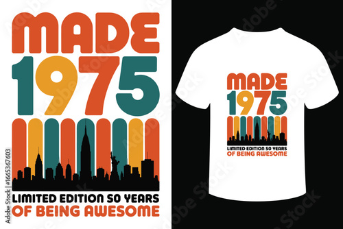 Retro 1975 birthday design celebrating 50 years of awesome