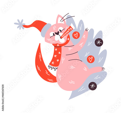 Comic Christmas cat jumping tree