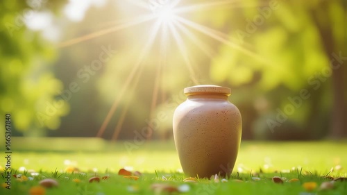 Remembrance urn on green grass in sunlight. Simple brown urn sits in peaceful garden setting.  Peaceful remembrance concept for funeral services brochures.