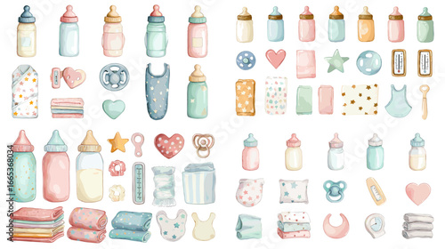 Adorable watercolor illustration set of baby essentials including bottles, toys, blankets, and pacifiers, perfect for nursery design and baby-themed branding.