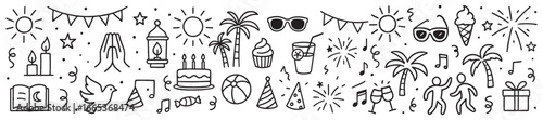 Festive Black and White Doodle Collection Celebratory Icons for Holidays Parties and Special Occasions Hand Drawn Vector Illustration