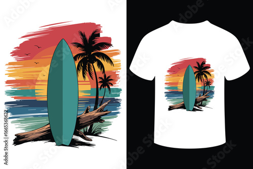 Retro sunset beach scene with surfboard and palm trees t shirt design