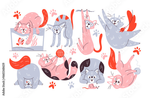 Active cats colorful hand drawn charming pets playful animal whimsical characters collection