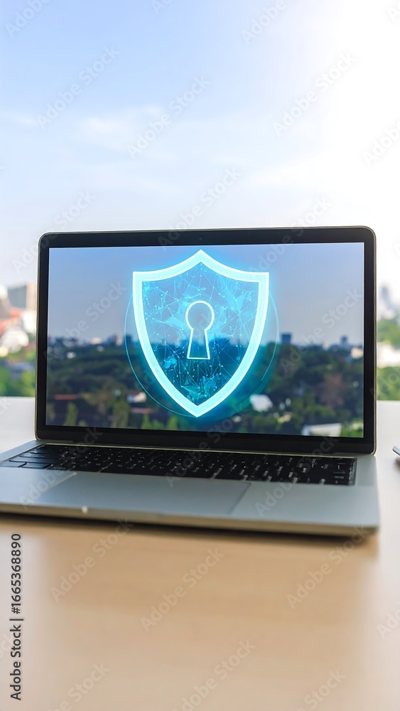 Fototapeta premium Laptop displaying security shield graphic