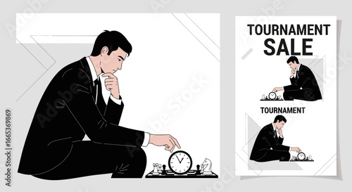 A contemplative businessman strategizing a chess move during tournament time