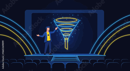 A captivating business presentation on a stage showcasing a sales funnel concept