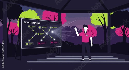 A presenter explaining an event timeline at an outdoor event in a park setting