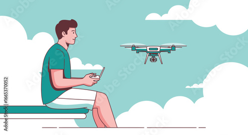 A young man operating a drone sitting with a cloudy background aerial view