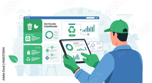 A worker monitoring recycling data on a tablet, using recycling dashboard application for