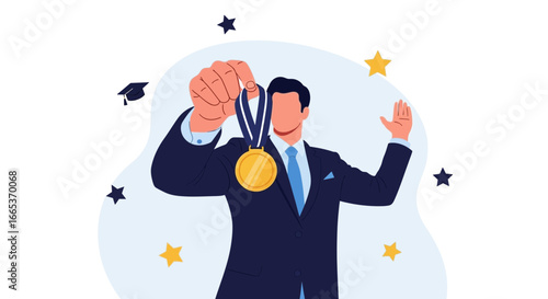 Achieving success business concept with businessman holding gold medal in hand