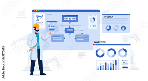 AI-Powered Manufacturing Automation: Engineer Overseeing Workflow and Design Analytics