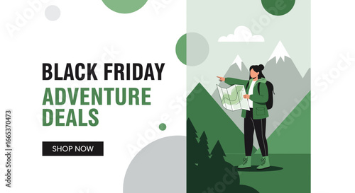 Black Friday Adventure Deals Promotion with a female hiker using a map in the mountains