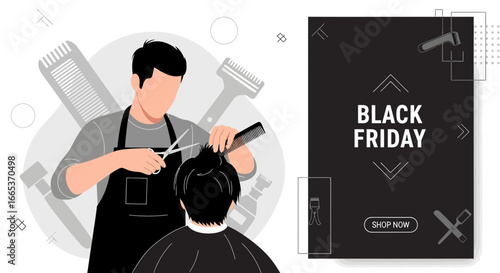 Black Friday barber promotion showcasing haircut services with a professional stylist