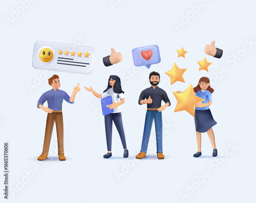 Customer feedback, user experience or client satisfaction, opinion for product and services, review rating or evaluation concept. 3D render vector illustration, young adult people giving emoticon