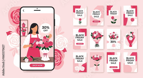 Black Friday flower shop promotion ads with a floral designer and rose bouquets