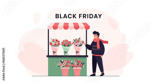 Black Friday flower shop sale illustration featuring a happy customer browsing beautiful bouquets