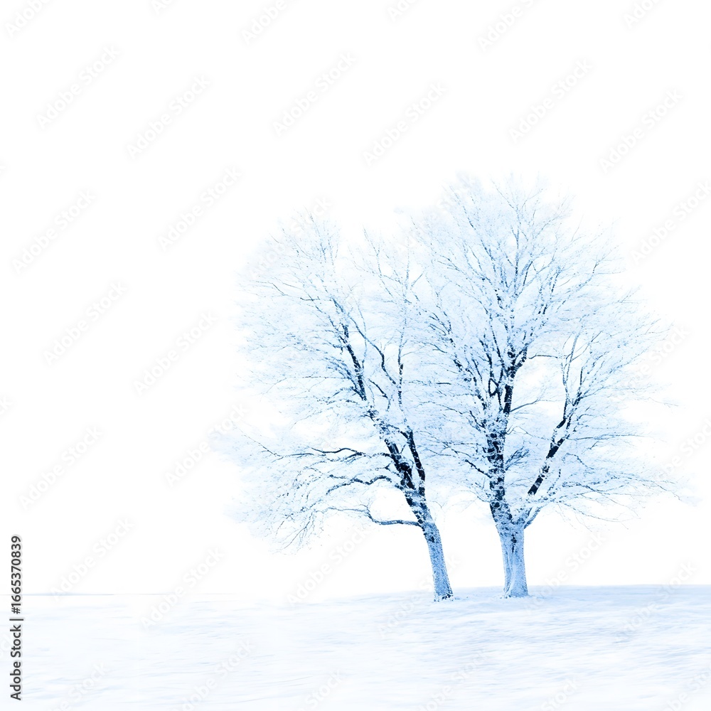 Fototapeta premium Winter Landscape, Two Frosty Trees in Snowy Field