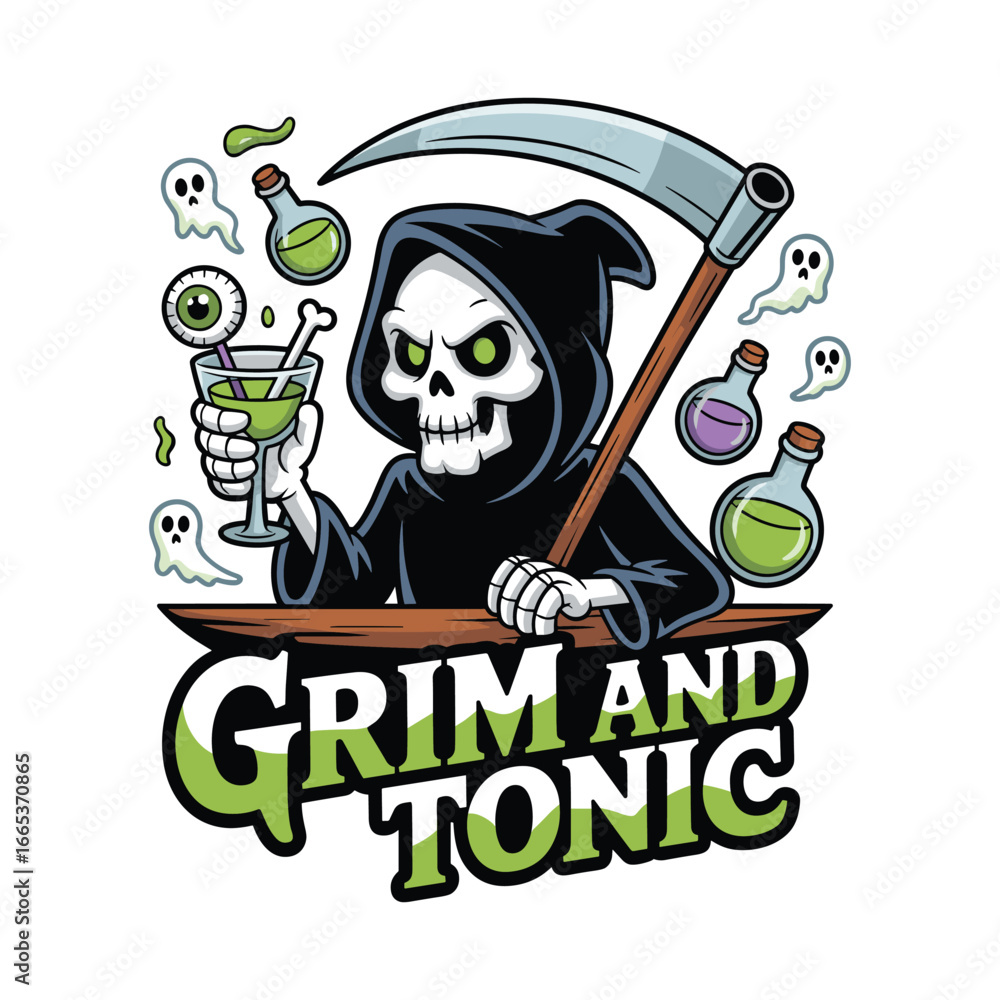 Fototapeta premium Grim Reaper enjoying a Grim and Tonic cocktail with potion bottles and ghosts