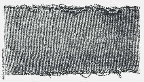 A close-up view of a frayed textile. The textile's texture and imperfections provide a vintage and rustic aesthetic. The fringes along the edges accentuate the fabric's worn nature