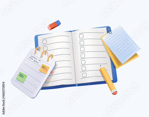 Notebooks, notepads, memo pads, planners, organizers for making writing notes and jotting isolated on white background.