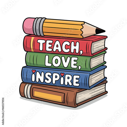 Stack of books with pencil featuring Teach Love Inspire message for educators