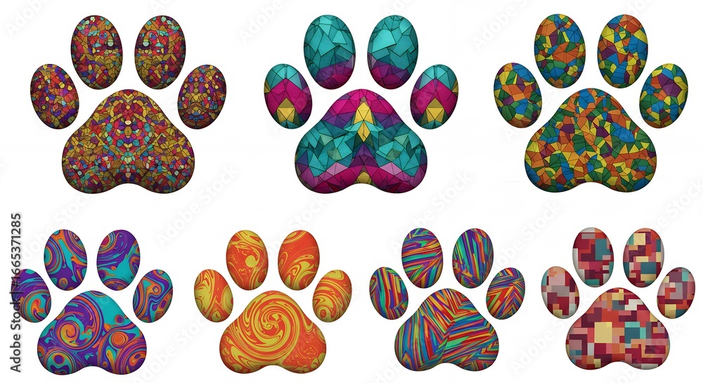 Fototapeta premium Colorful dog paw prints with intricate patterns