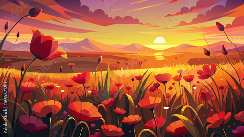 Sunset glows warmly over vibrant poppies flower field, crimson blossoms dancing softly in golden light, horizon whispers serenity, timeless beauty radiates harmony, eternal nature inspires peace, land