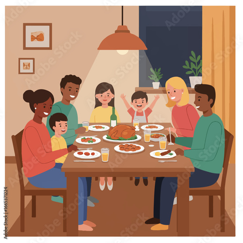 A cheerful family enjoys a warm dinner together, seated around a table in a cozy home environment, depicted in a clean 2D flat vector illustration style.