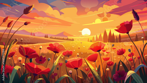 Sunset glows warmly over vibrant poppies flower field, crimson blossoms dancing softly in golden light, horizon whispers serenity, timeless beauty radiates harmony, eternal nature inspires peace, land