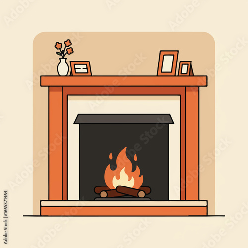 A cozy fireplace with burning logs emits warm orange and yellow flames, rendered in a clean 2D flat vector illustration, perfect for a relaxing domestic atmosphere.
