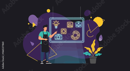 Creative workspace concept featuring an artist showcasing artistic skills on neon board