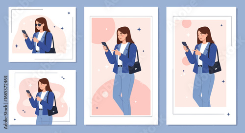 Elegant Woman Illustration Series Using Mobile Phone for Communication and Social Media Engagement