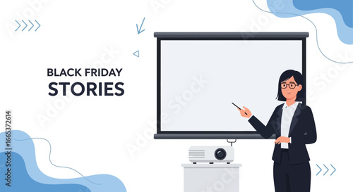 Engaging Black Friday Presentation with a Businesswoman Explaining Stories on a Projector Screen