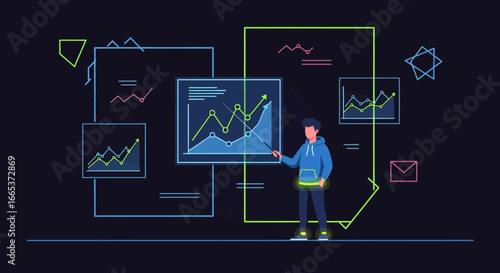 Financial analysis and data presentation with neon graphics in a modern design