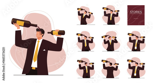 Illustration of a Man Drowning His Sorrows in Wine with Multiple Emotional Stages