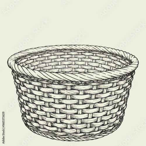 A detailed black outline vector illustration showcasing an empty, traditional woven bread basket, rendered with a clean and minimalist aesthetic.